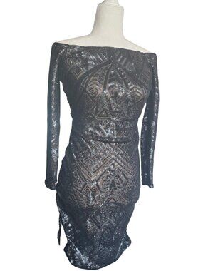 BCBG MaxAzria 'Eunice' ~ Charcoal Sequins Off Shoulder Party Dress S NWT $398